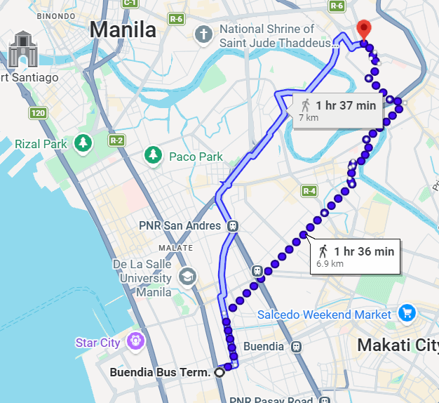 Screenshot Buendia-Taft to Sta. Mesa Manila commute route