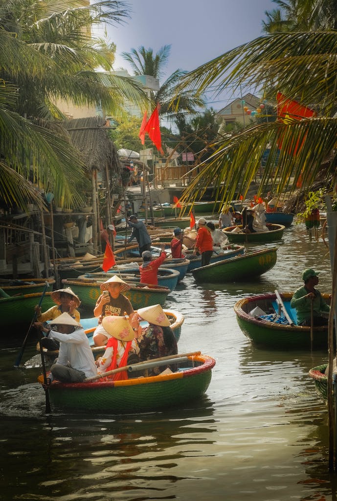Vibrant scene of basket boats navigating the serene waterways of Hội An, Vietnam.