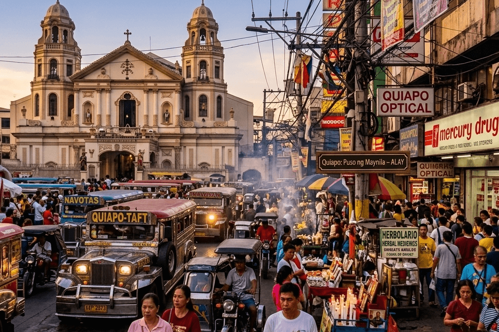 Busy streets full of commuters, shoppers and vendors in front of Quaipo church, Metro Manila city guide