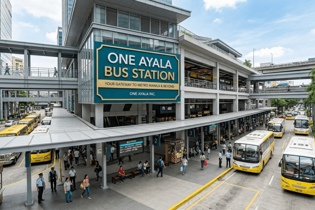 A created image of One Ayala bus terminal guide, route and schedules for commute navigation purpose.