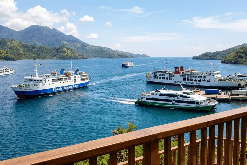 A cluster of Philippine Inter-island ferries mainly use by travelers with cars, with cargoes or large baggage.