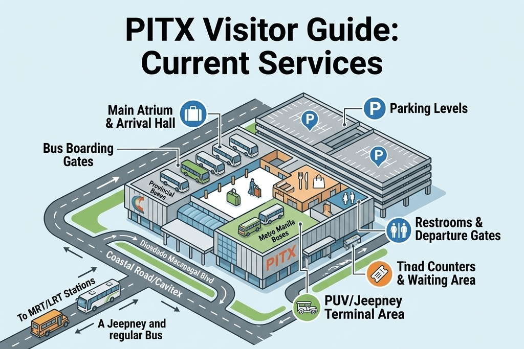 PITX infographic that includes essential amenities and logistics.