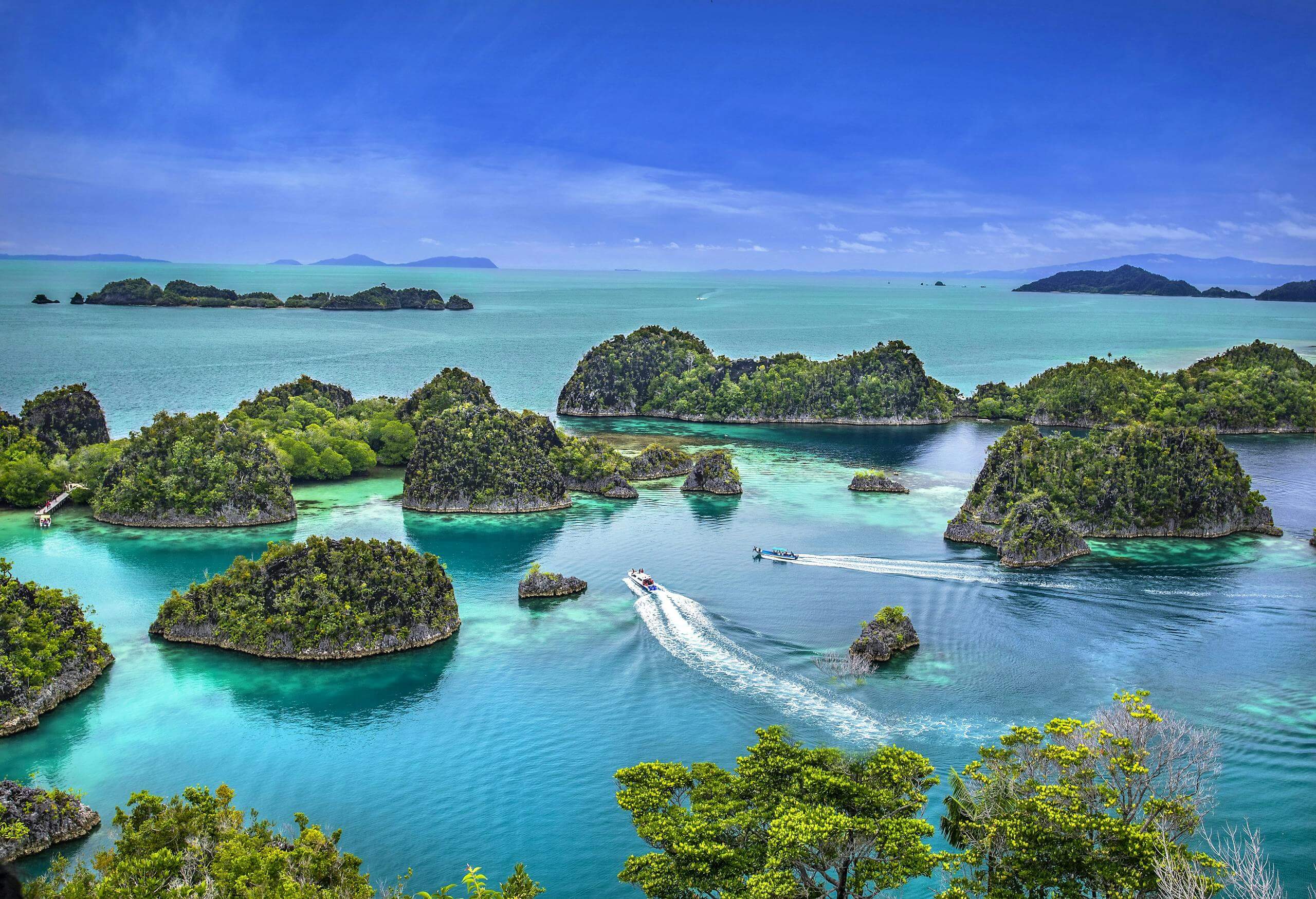 A stunning aerial shot of the lush Raja Ampat Islands in Papua Barat, Indonesia.