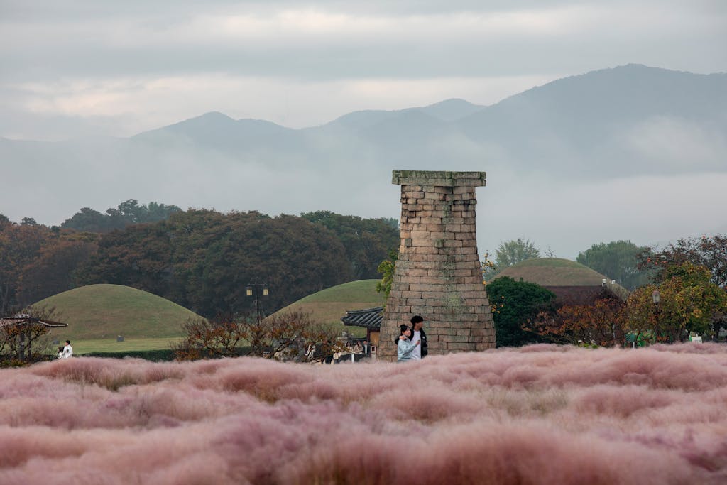 Couple walking by pink muhly grass and Cheomseongdae amidst serene Korean mountains. South Korea trip