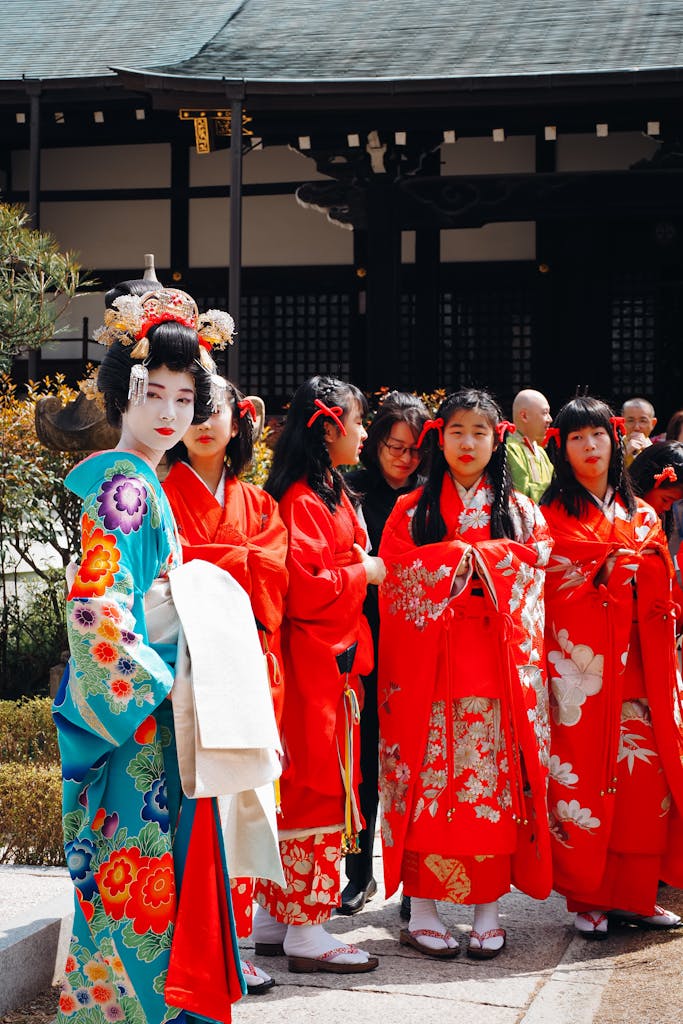 Group of Japanese women in traditional attire at a cultural event in Osaka. Japan trip