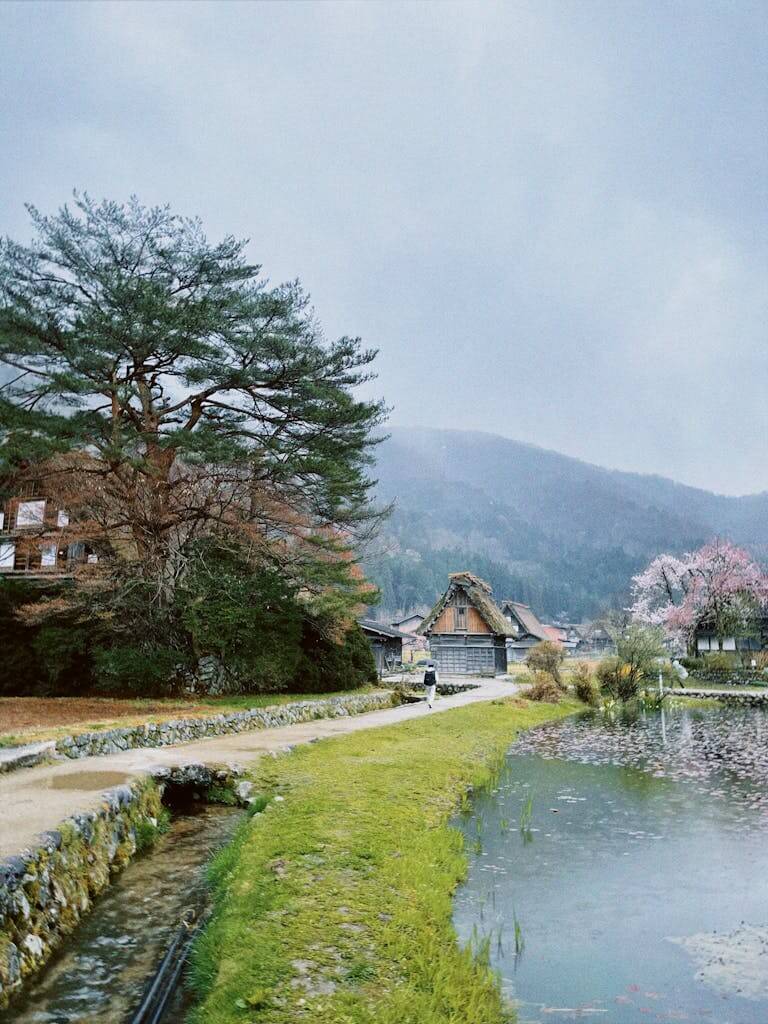 Scenic view of a tranquil Japanese village with traditional homes and serene landscape.