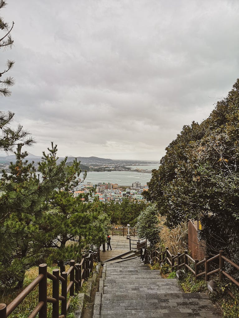A breathtaking view of Jeju-si from a hilltop with lush greenery and cloudy skies in South Korea. Jeju island South Korea tour.