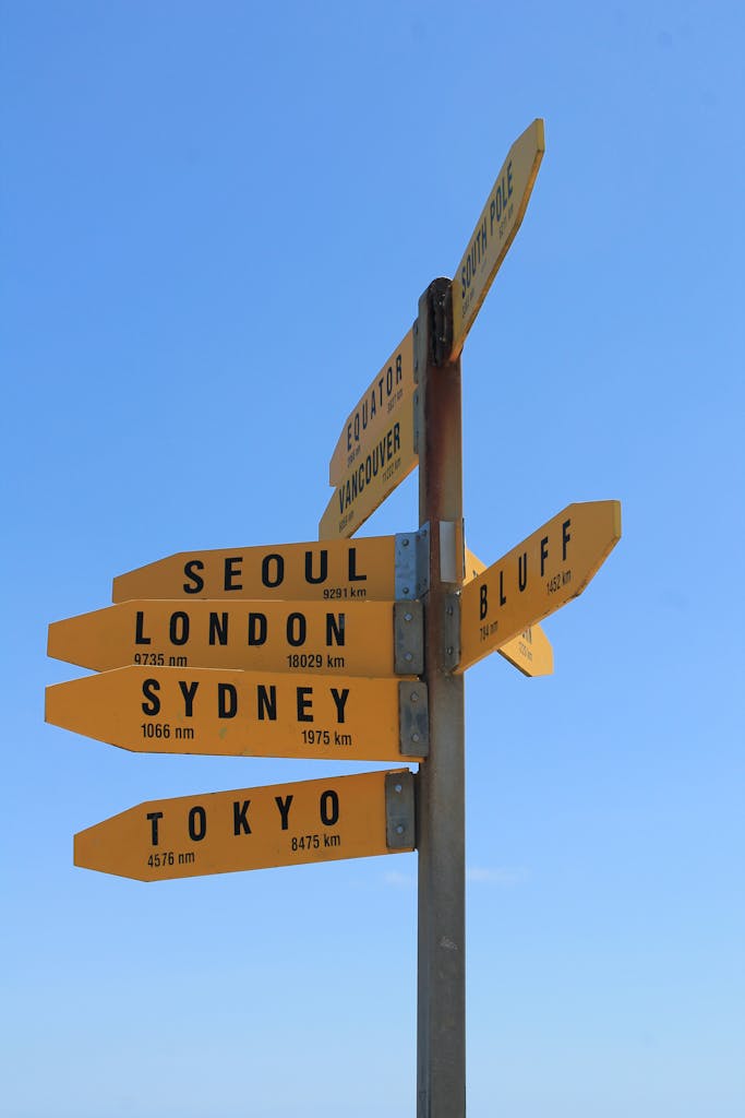 A yellow signpost displaying distances to international cities against a clear blue sky.