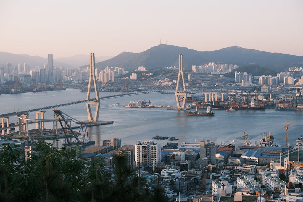 Scenic view of Busan harbor and cityscape with a prominent cable-stayed bridge at sunrise.