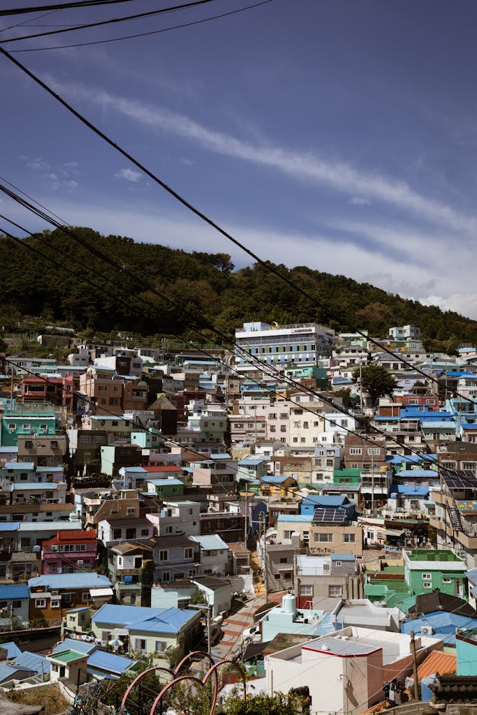 View of the vibrant and colorful hillside houses in Gamcheon Culture Village, Busan South Korea tour.
